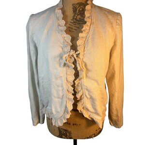 Womens Lace Ruffle Trim Tie Front Cardigan Sweater Long Sleeve Cream Size PL